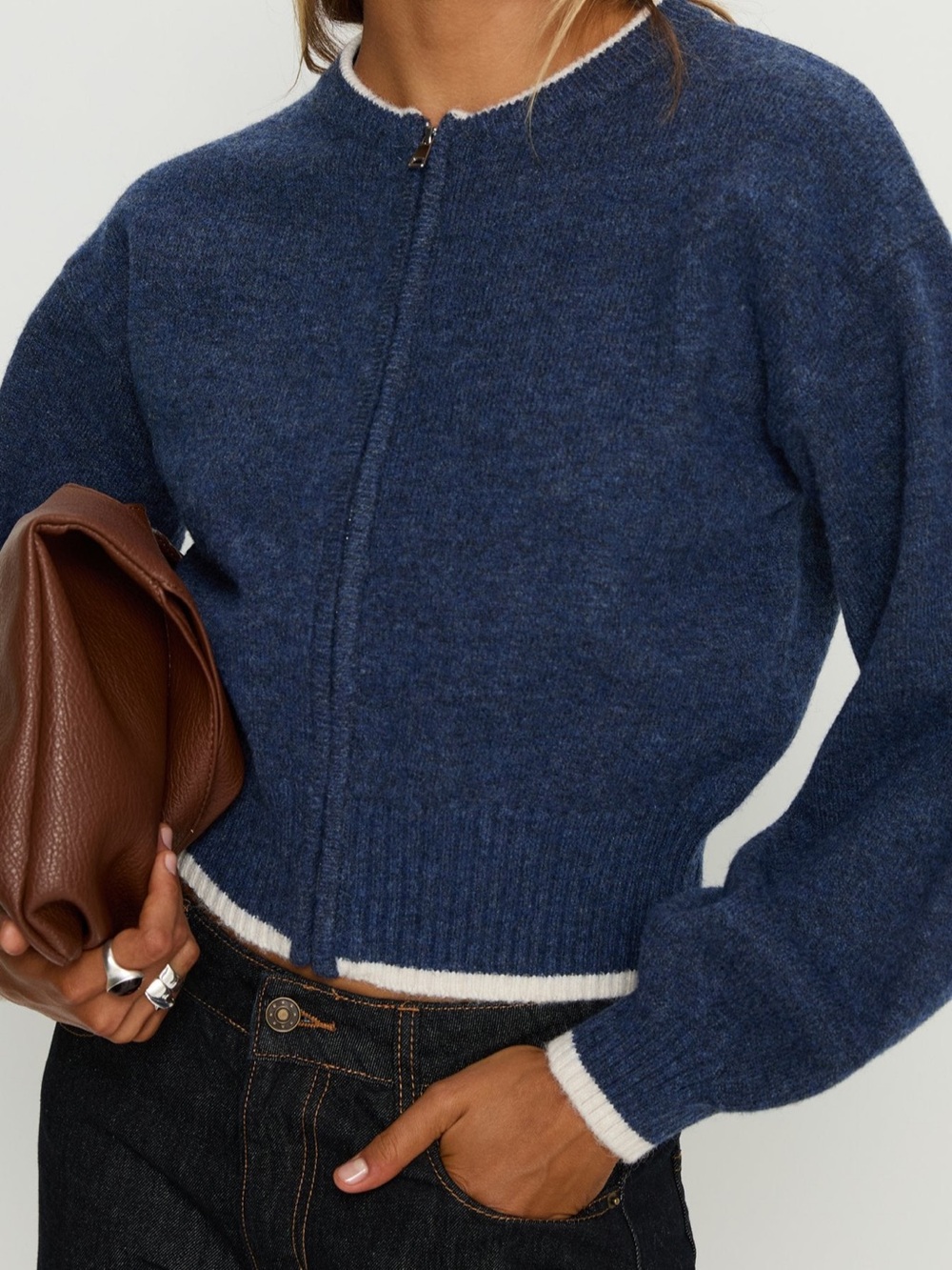 Princess Polly Navy Zip-Front Crew Sweater with White Trim - Picture 5 of 8